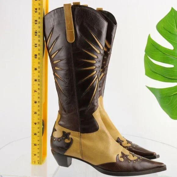 L'Autre Chose Western Womens Boot Size 36 6  Brown Tan Leather Pointed Sunburst - Picture 7 of 12